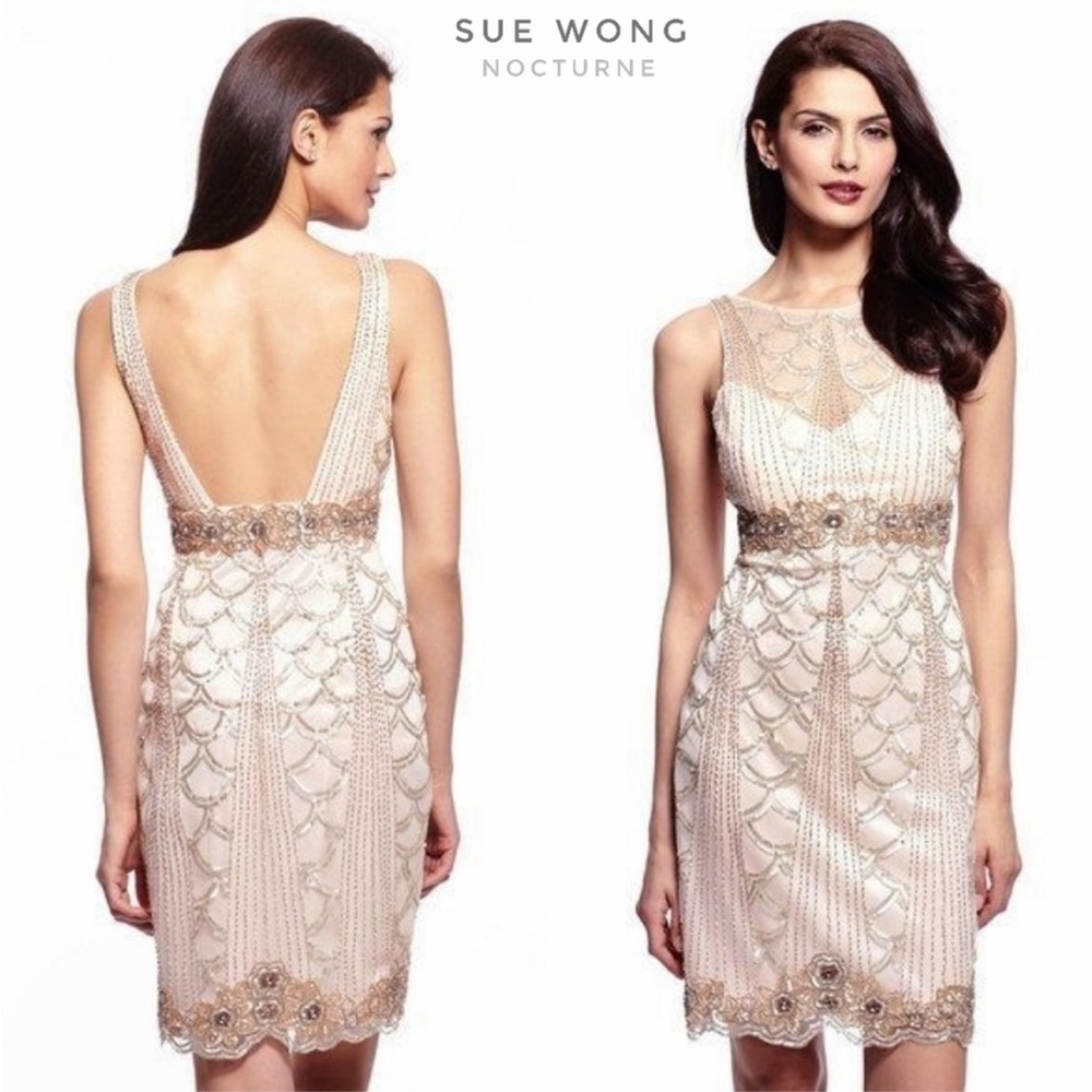 New Sue Wong Nocturne Gatsby beaded cocktail dress in Blush